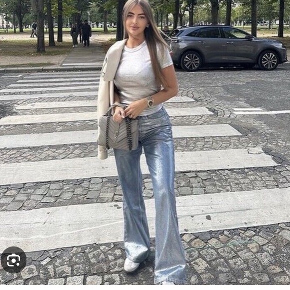 Zara Z1975 MID RISE STRAIGHT CUT METALLIC JEANS - Picture 2 of 10